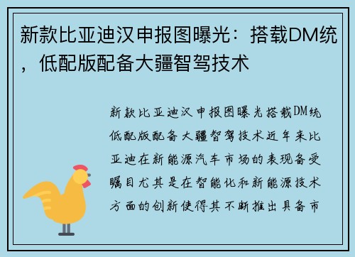 新款比亚迪汉申报图曝光：搭载DM统，低配版配备大疆智驾技术