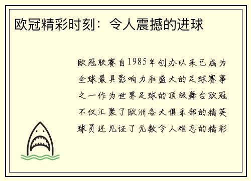 欧冠精彩时刻：令人震撼的进球
